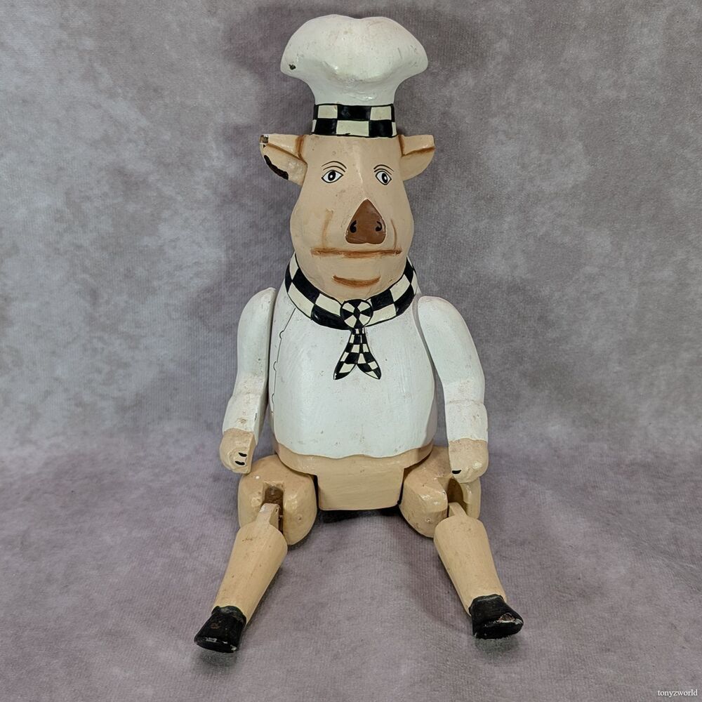 Wooden Pig Chef Articulated Shelf Sitter Hand Carved Folk Art Indonesian